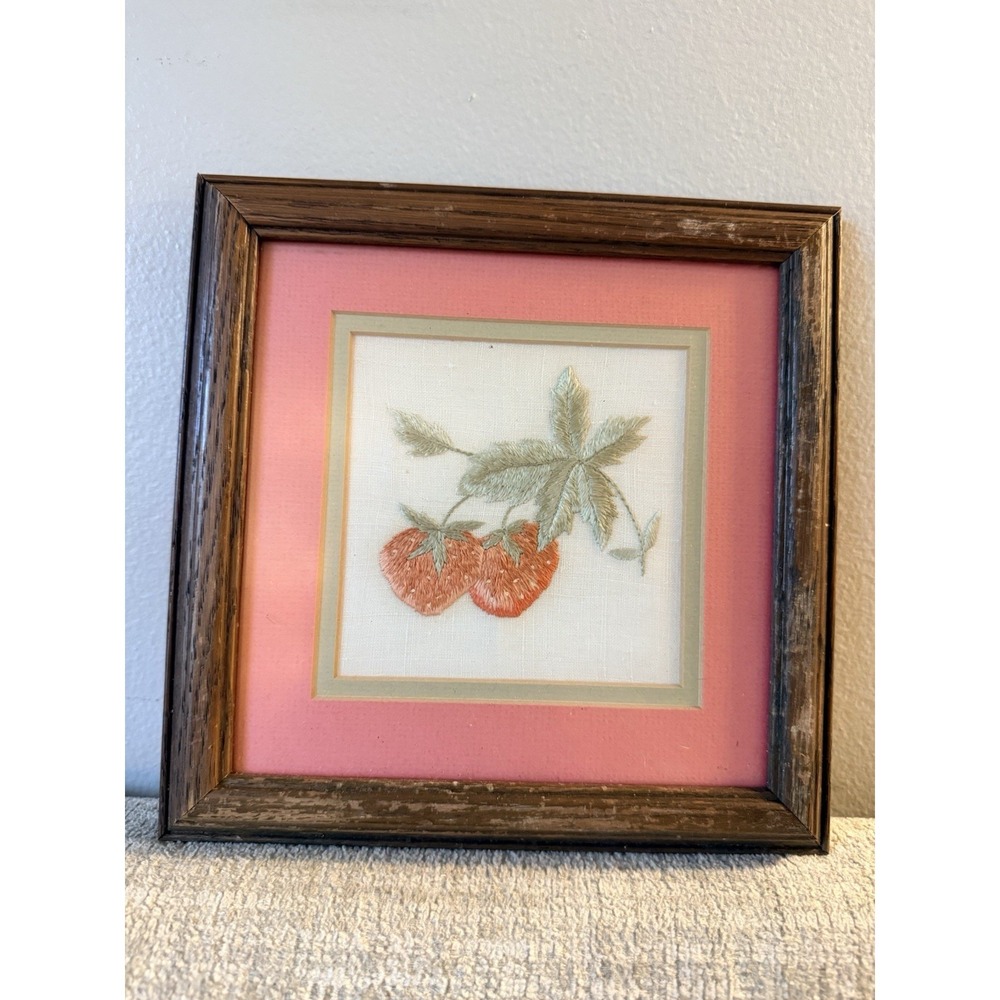 VTG Framed Needlework Embroidery Strawberries Plant Farm Granny Cottage Core